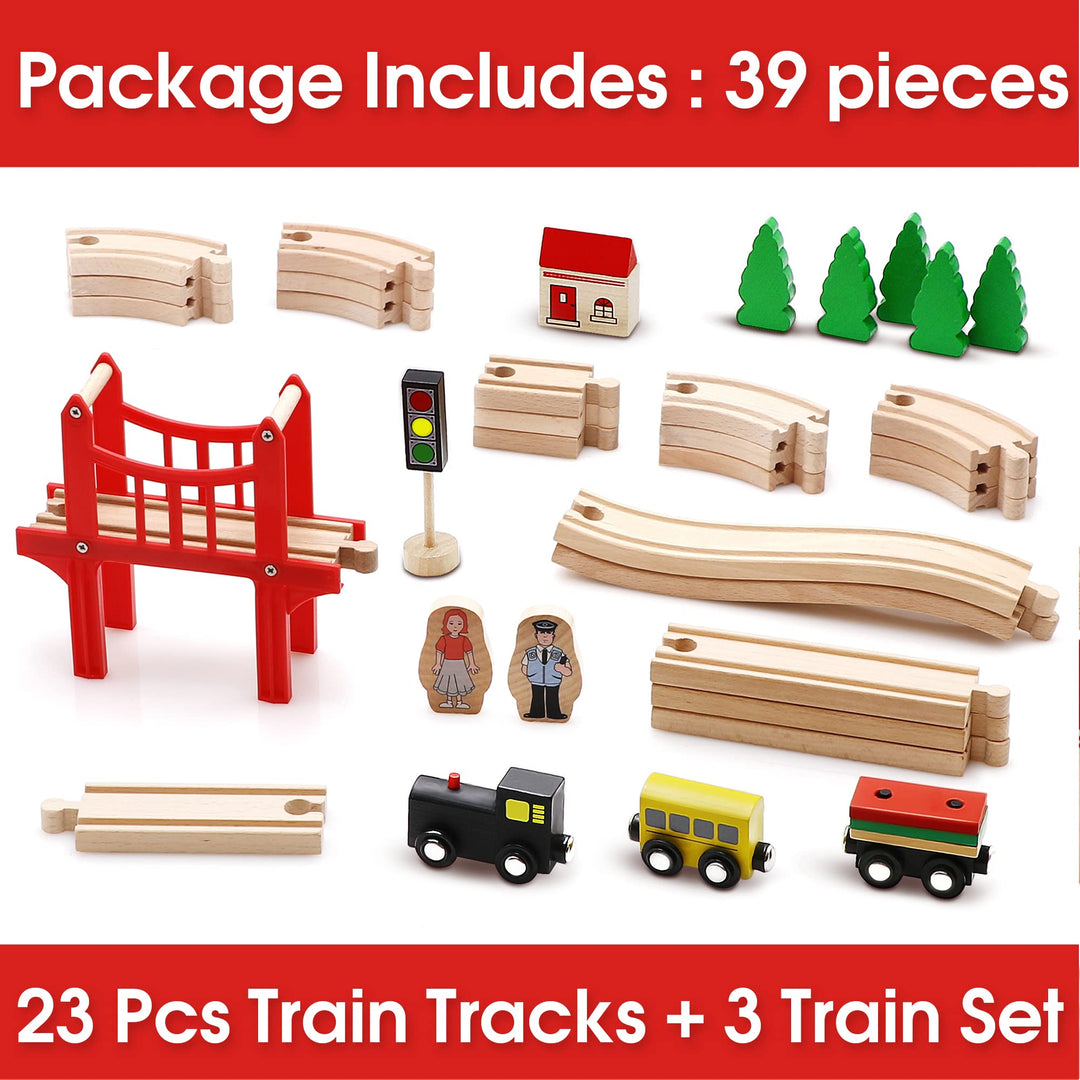 Wooden Train Set for Toddler - 39 Piece- with Wooden Tracks Fits Thomas/Brio/Chuggington/Melissa and Doug