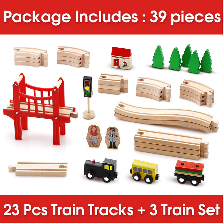 Wooden Train Set for Toddler - 39 Piece- with Wooden Tracks Fits Thomas/Brio/Chuggington/Melissa and Doug