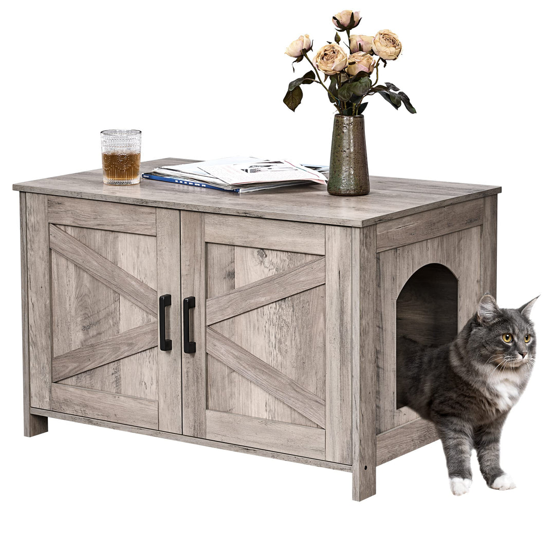 omhedy Cat Litter Box Enclosure,Litter Box Furniture Hidden with Barn Door,Wooden Cat Washroom Furniture,Cat House