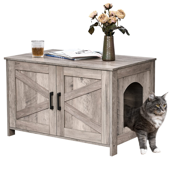 omhedy Cat Litter Box Enclosure,Litter Box Furniture Hidden with Barn Door,Wooden Cat Washroom Furniture,Cat House
