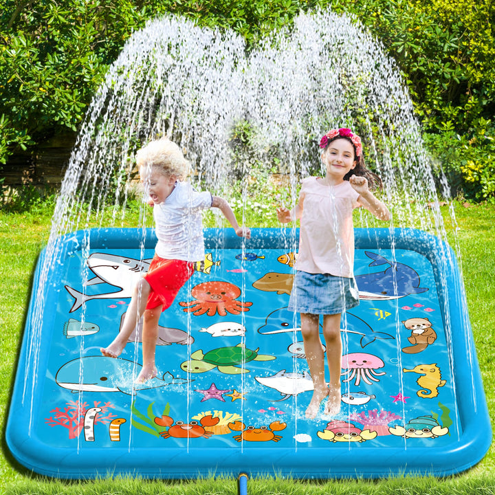 Chennyfun Kids Splash Pad, 68'' Sprinkler & Splash Play Mat for Animals Learning