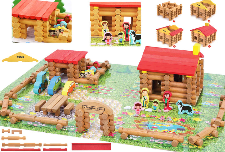 TOWO Wooden Logs Toys Farm Playset- Wooden Logs Building Set Farm House Wooden Construction Toys 207 Pieces Animal Farm