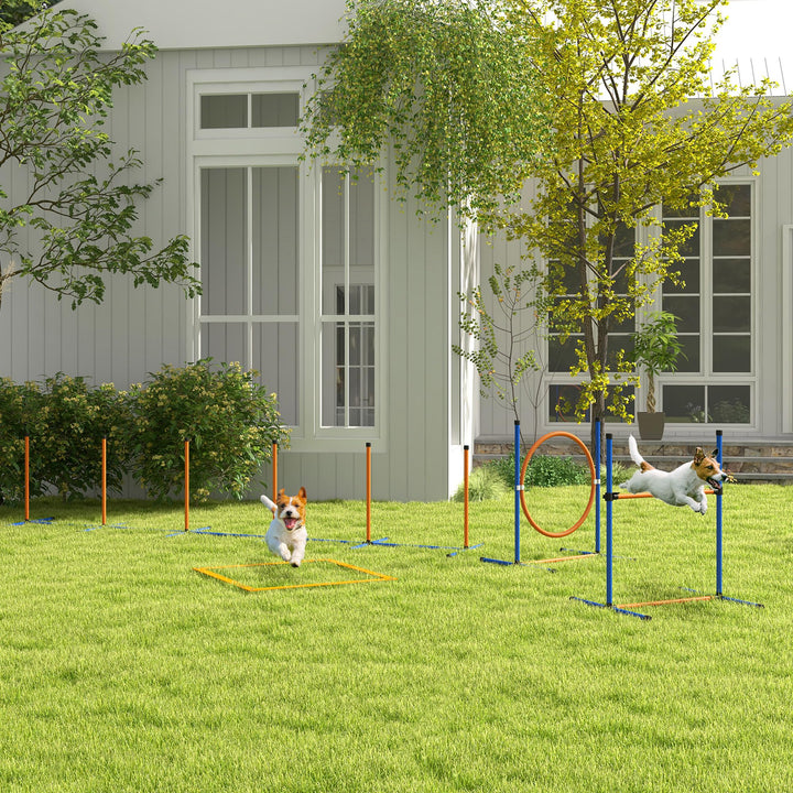 PawHut Dog Agility Equipment Set, 8 Piece Outdoor Agility Kit w/Weave Poles, Adjustable High Jump Ring, Hurdle, Pause Box, Tennis Balls, Whistle, Training Shorts, Carrying Bag, for Dogs - Orange