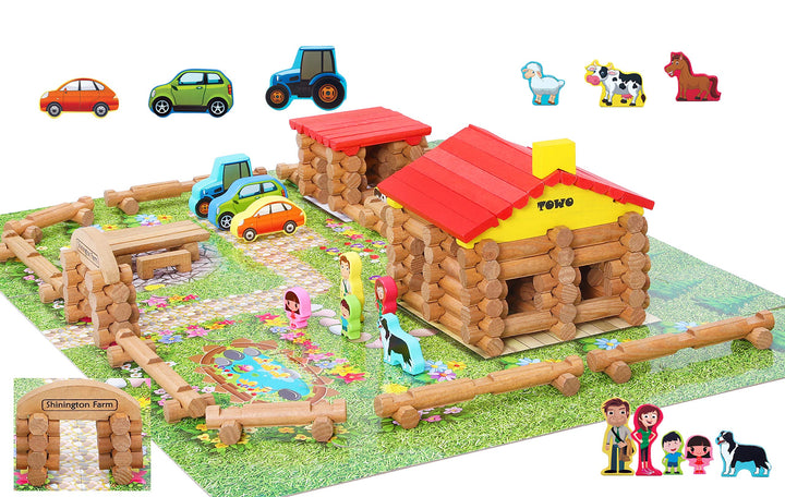 TOWO Wooden Logs Toys Farm Playset- Wooden Logs Building Set Farm House Wooden Construction Toys 207 Pieces Animal Farm
