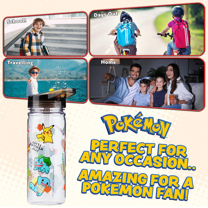 Pokemon Water Bottle for Kids with Straw, 580ml Plastic Reusable Drink Bottle