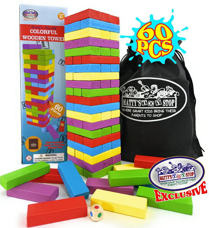 "Matty's Mix-Up" Colorful Wooden Deluxe Stacking Game Comes with 60 Color Wood Blocks, 1 Dice & Storage Bag!