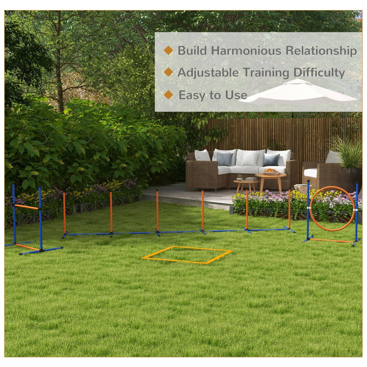 PawHut Dog Agility Equipment Set, 8 Piece Outdoor Agility Kit w/Weave Poles, Adjustable High Jump Ring, Hurdle, Pause Box, Tennis Balls, Whistle, Training Shorts, Carrying Bag, for Dogs - Orange