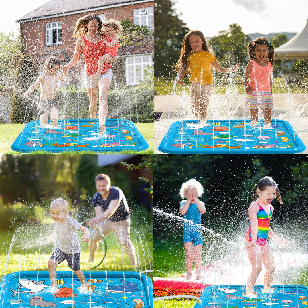 Chennyfun Kids Splash Pad, 68'' Sprinkler & Splash Play Mat for Animals Learning