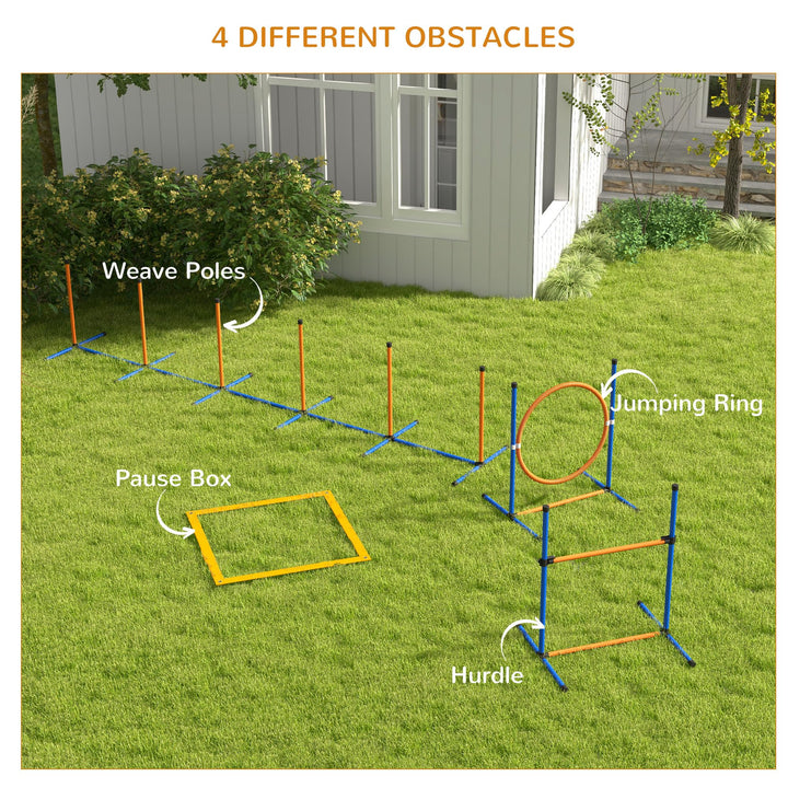 PawHut Dog Agility Equipment Set, 8 Piece Outdoor Agility Kit w/Weave Poles, Adjustable High Jump Ring, Hurdle, Pause Box, Tennis Balls, Whistle, Training Shorts, Carrying Bag, for Dogs - Orange