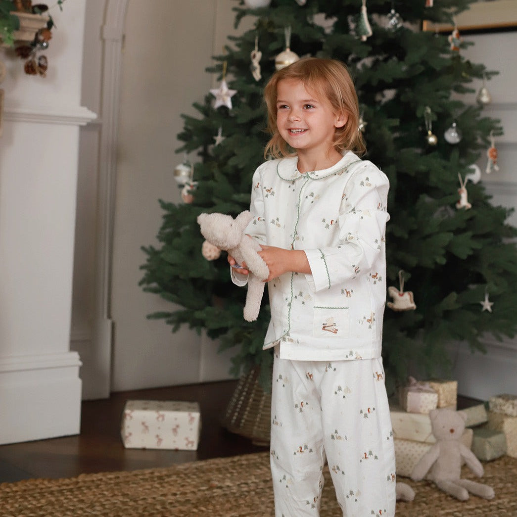 Children's Christmas Flannel Pyjamas - Winter Ski, Green Trim