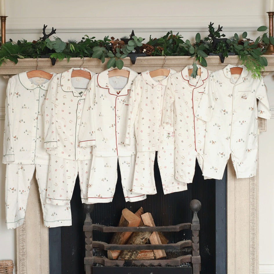 Children's Christmas Flannel Pyjamas - Winter Ski, Green Trim