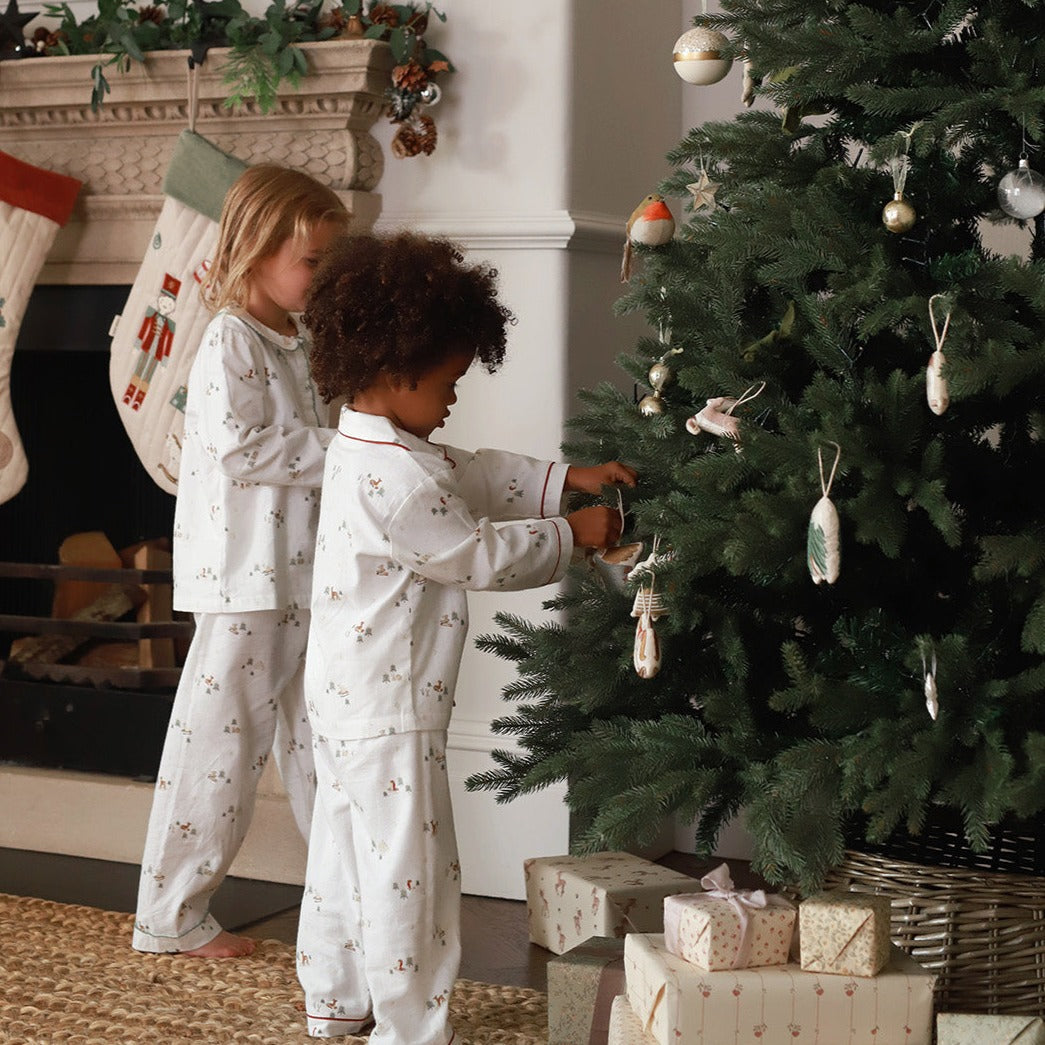 Children's Christmas Flannel Pyjamas - Winter Ski, Green Trim