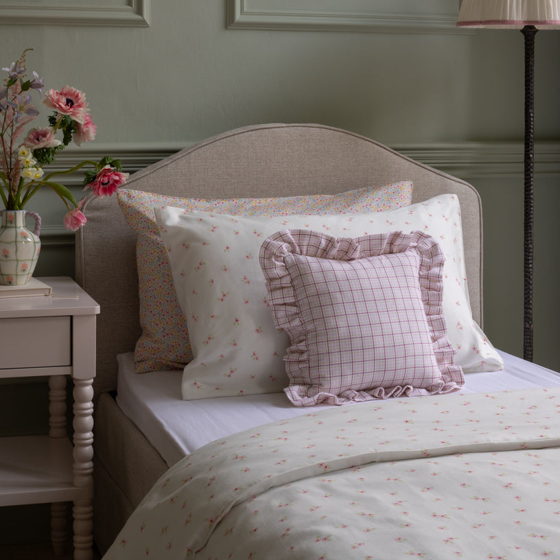 Square Linen Frill Cushion - Pink Check
