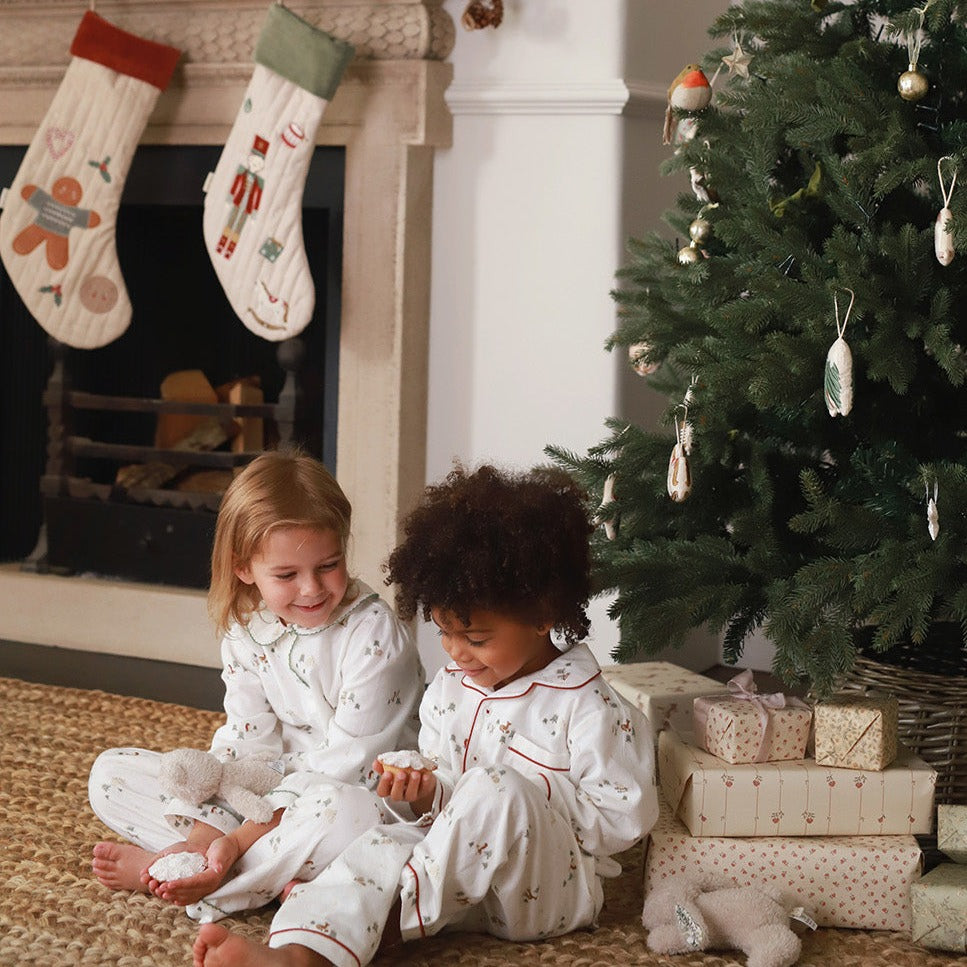 Children's Christmas Flannel Pyjamas - Winter Ski, Green Trim