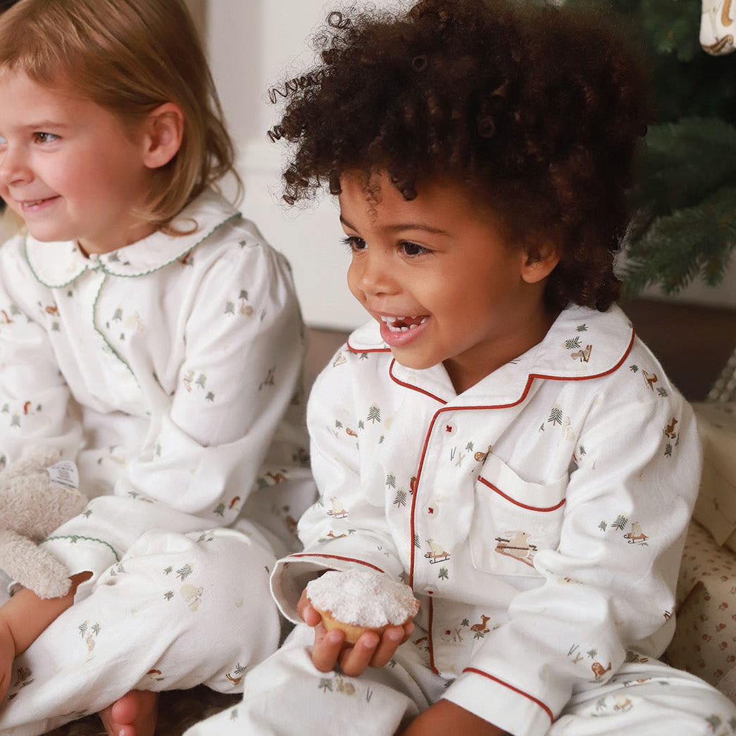 Children's Christmas Flannel Pyjamas - Winter Ski, Red Trim