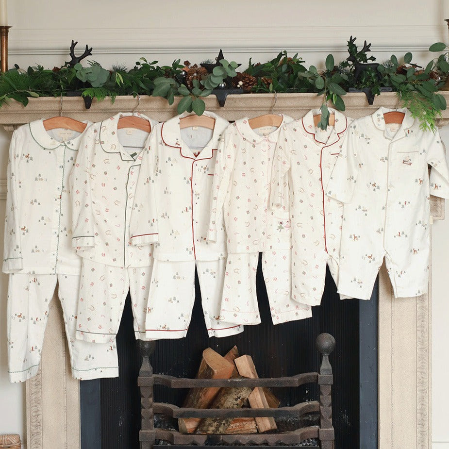 Children's Christmas Flannel Pyjamas - Winter Ski, Red Trim
