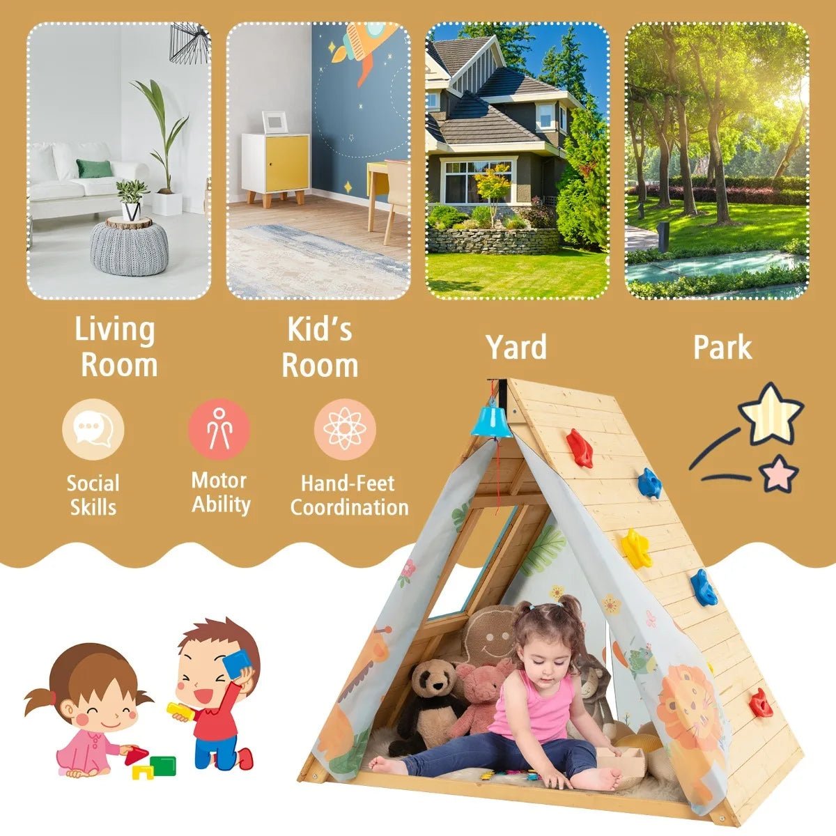 Buy 2 - in - 1 Children Climbing Playhouse with Front Bell and Window | for kids by Learning Bugs UK