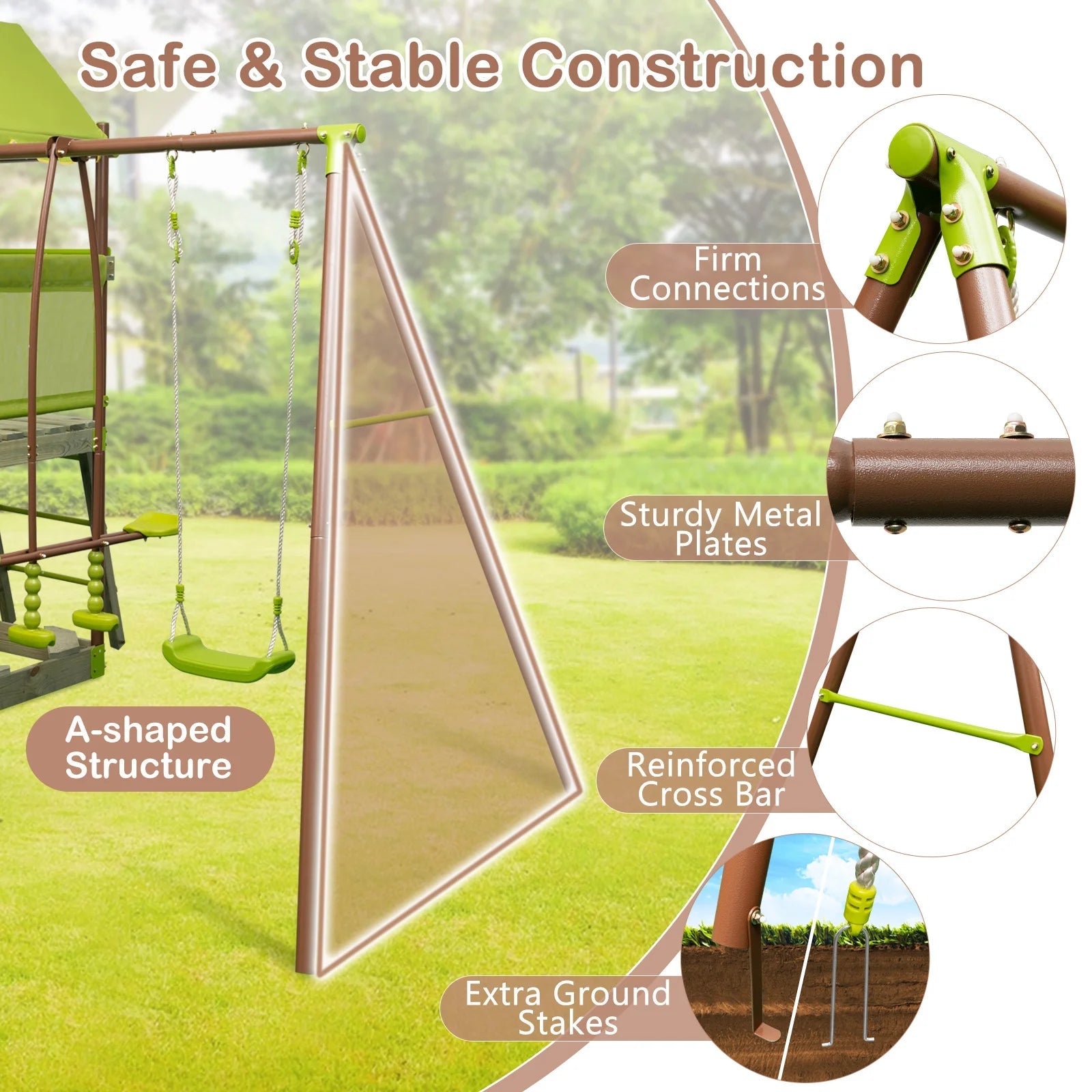 Buy 7 - in - 1 Swing Set Outdoor Metal Playset with Covered Fort - Green | for kids by Learning Bugs UK