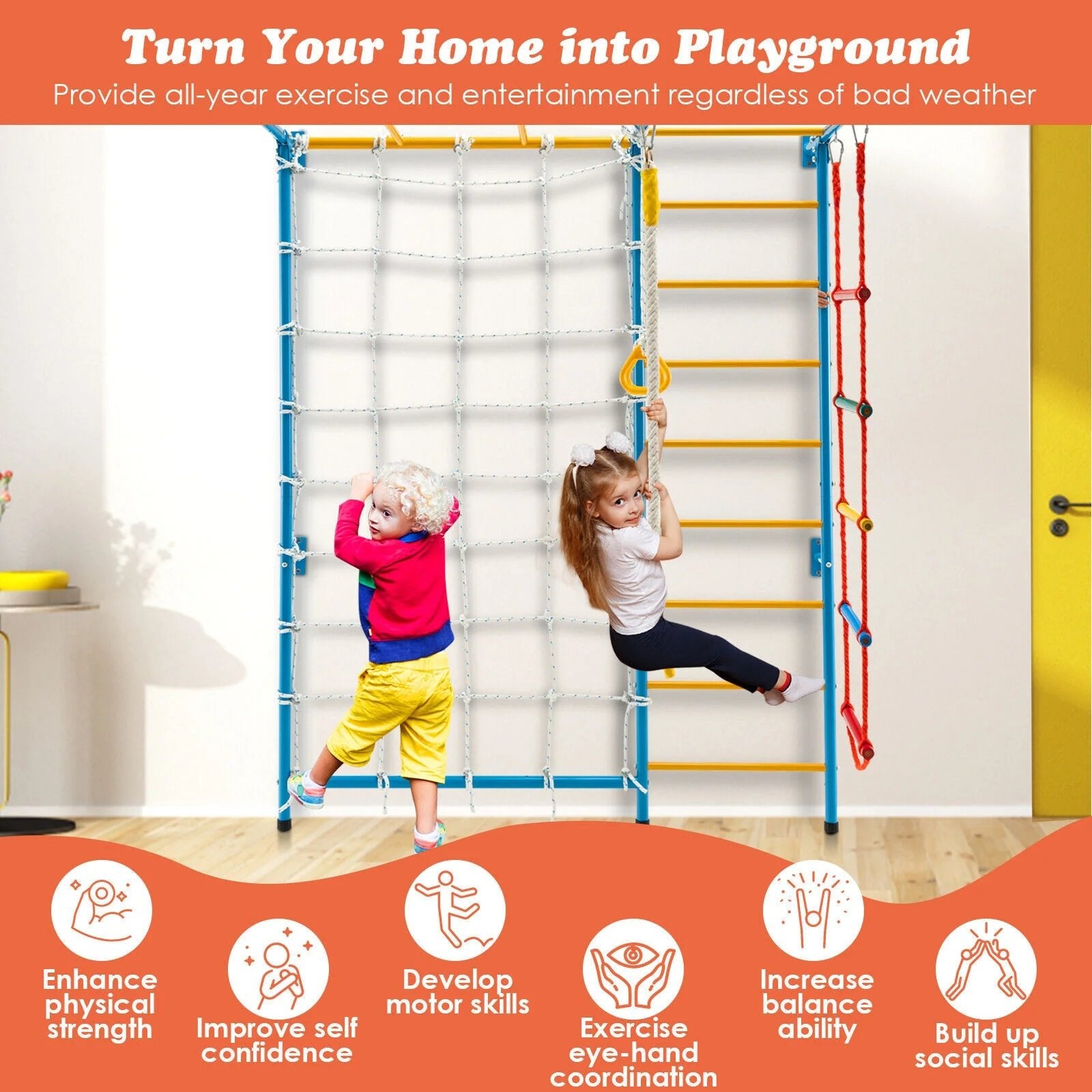 Buy Metal Swedish Ladder Wall Bars for Kids with Gym Rings Climbing Net - Yellow | for kids by Learning Bugs UK