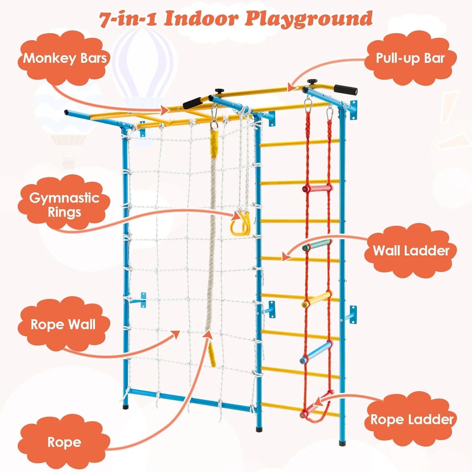 Buy Metal Swedish Ladder Wall Bars for Kids with Gym Rings Climbing Net - Yellow | for kids by Learning Bugs UK