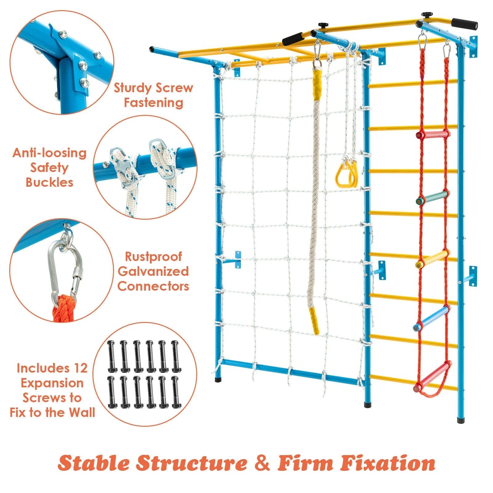 Buy Metal Swedish Ladder Wall Bars for Kids with Gym Rings Climbing Net - Yellow | for kids by Learning Bugs UK