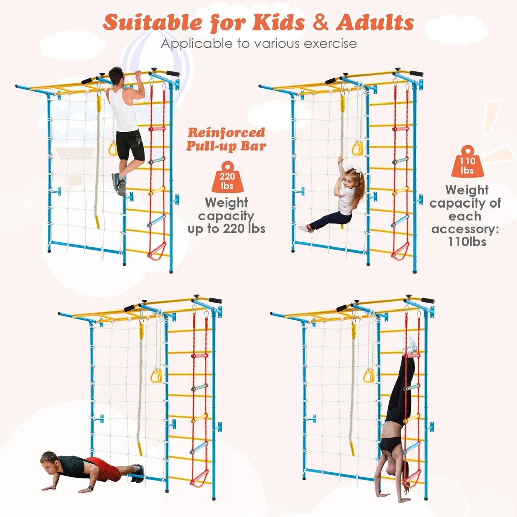 Buy Metal Swedish Ladder Wall Bars for Kids with Gym Rings Climbing Net - Yellow | for kids by Learning Bugs UK