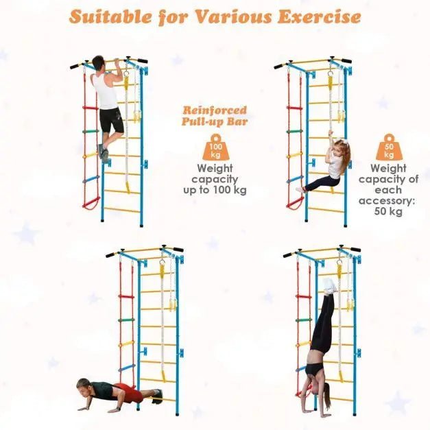 Buy Swedish Ladder Set with Climbing Frame Pull - up Bar Ropes and Rings - Yellow & Blue | for kids by Learning Bugs UK