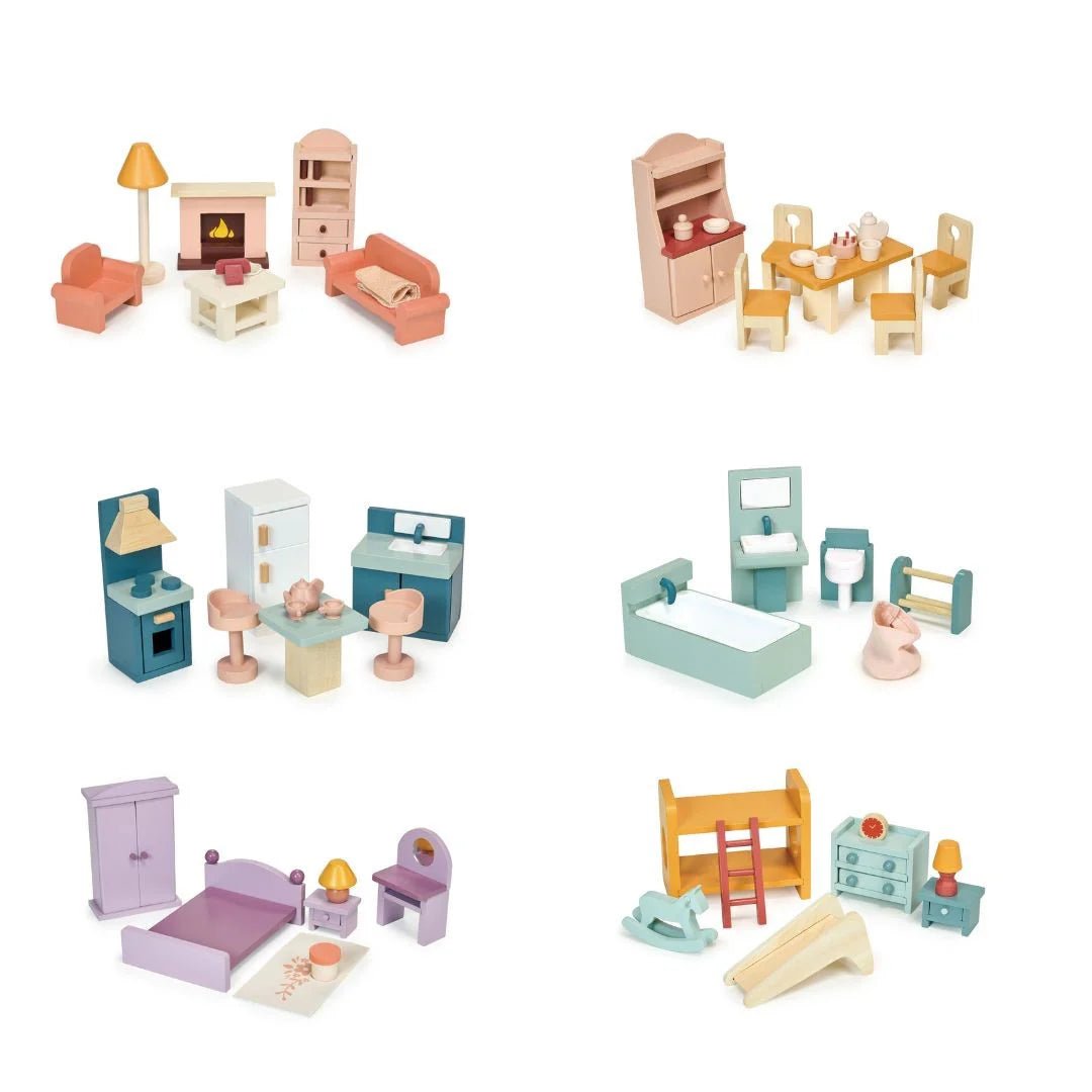 Buy Mentari Dolls House Furniture Bundle – Set of 6 Rooms | for kids by Learning Bugs UK